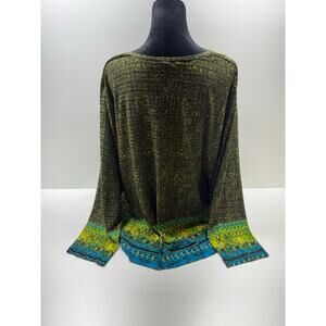 Women’s Button Front Long Sleeve Boho Shirt Sz 3X Artsy Festival Retro Green